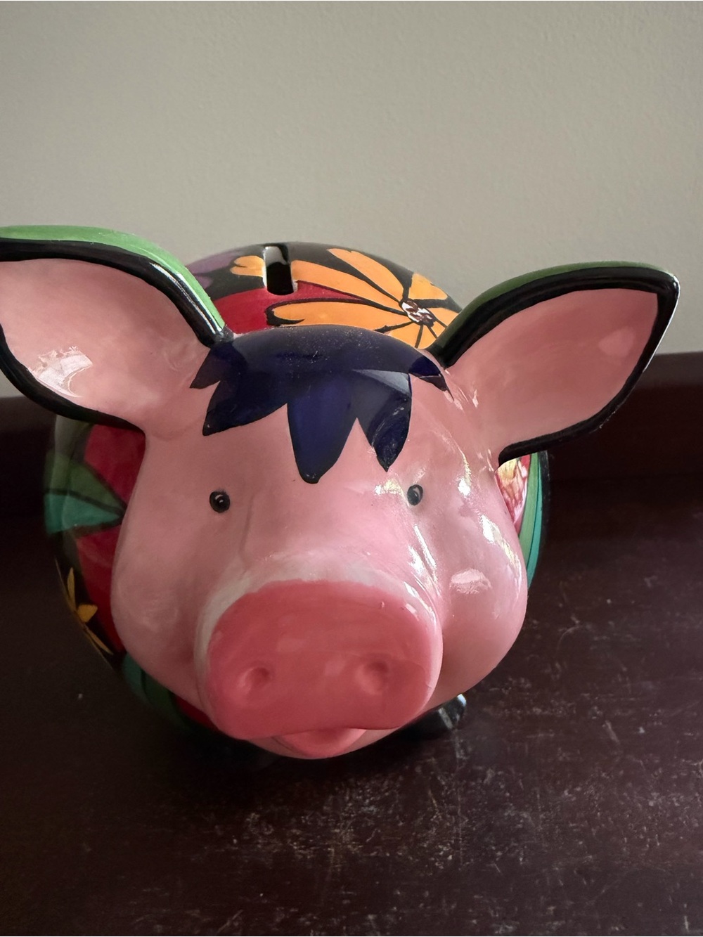 Hand-Painted Pink Piggy Bank with Floral Accents - Picture 6 of 10